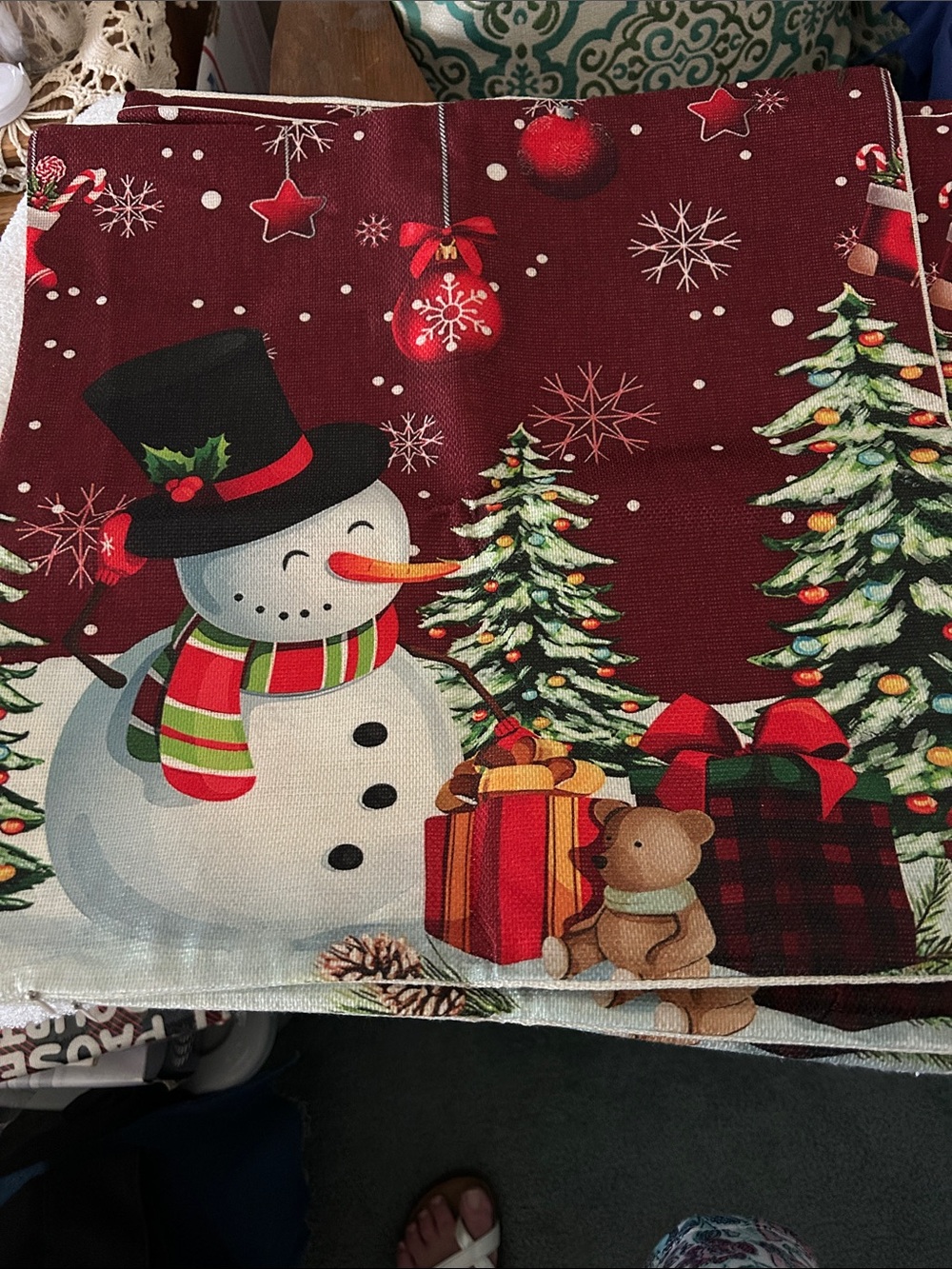 Festive Red Snowman Holiday Pillow cover. 17x17. zips at the bottom.